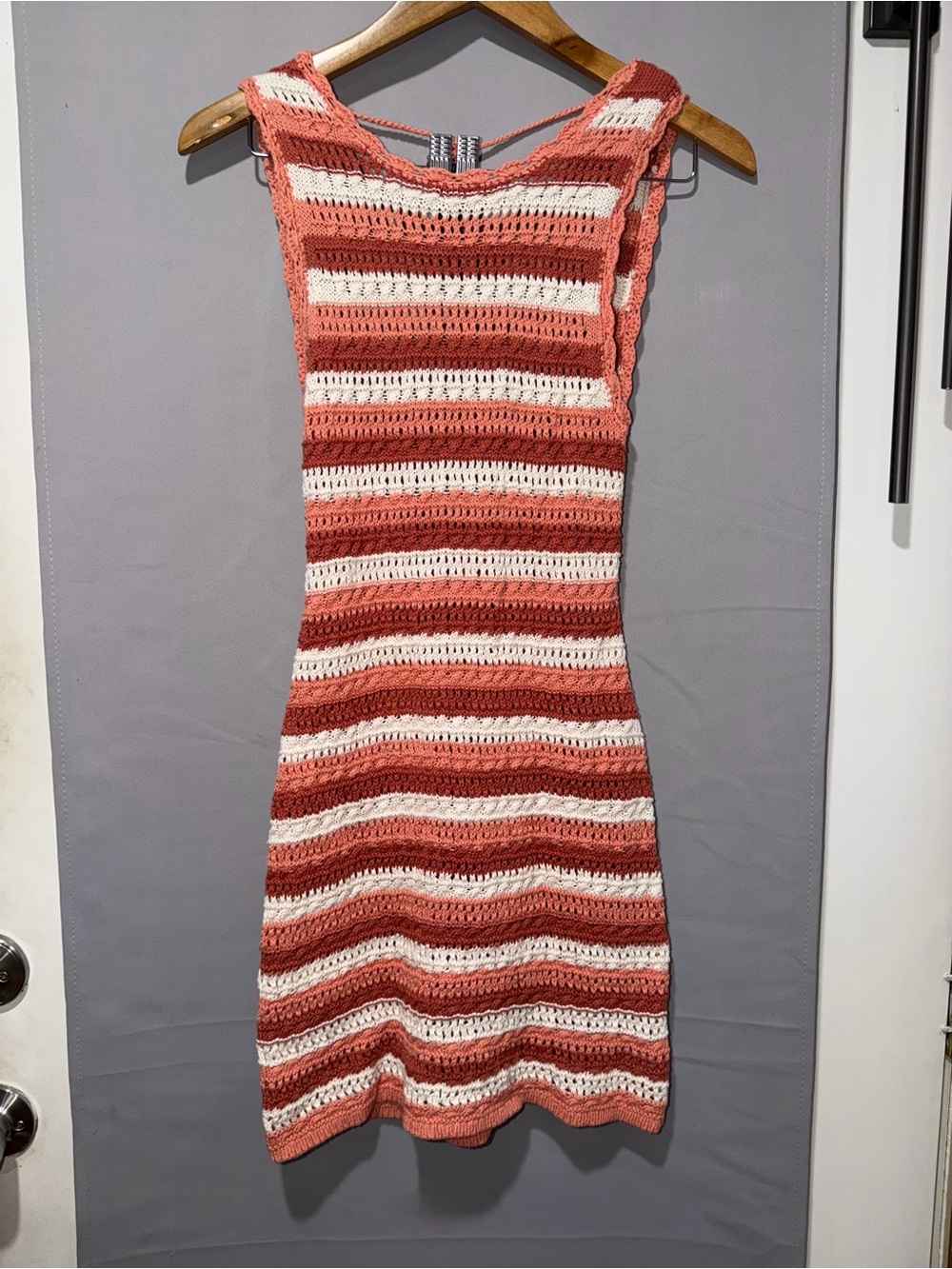 American Eagle Outfitters Striped Crochet Mini Dress in Coral and White